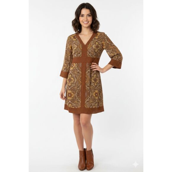 NY&CO Dresses & Skirts - NY&Co Brown Damask Belted Dress Retro Style 3/4 Sleeves V-Neck Chic Sz S